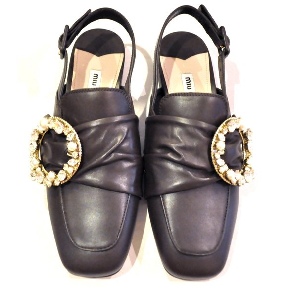 Miu Miu Dark Brown (Moro) Pearly-buckle Leather Slingback Flats - Picture 1 of 4